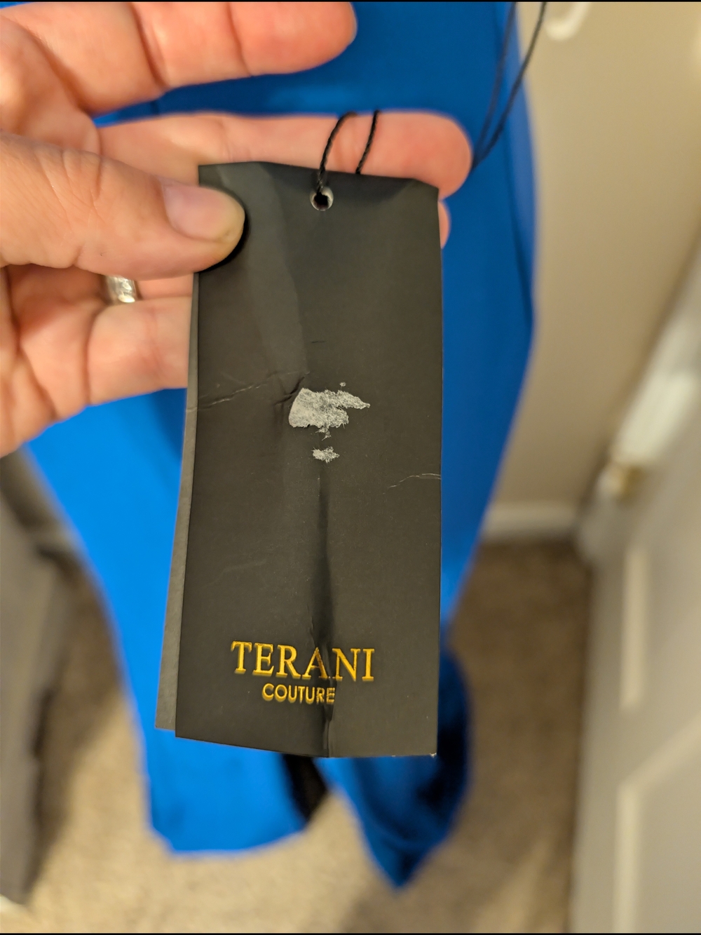 NWT Terani Couture 231P0067 Royal Blue Feather Trim Satin Mermaid Gown 6 $488 - Picture 6 of 6